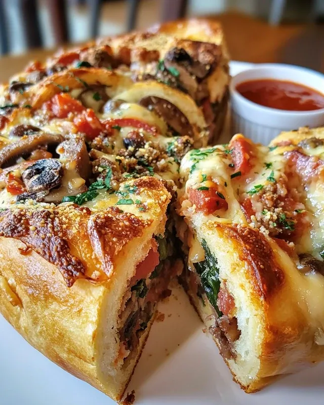 Step-by-step demonstration of rolling the pizza dough with layers of cheese and toppings into a tight log shape