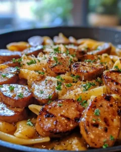 Plate of honey garlic sausage pasta with side salad and garlic bread