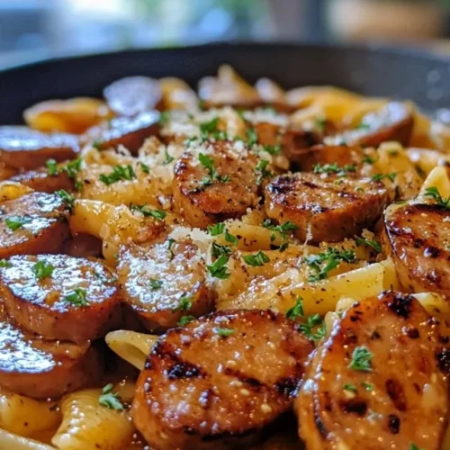 Plate of honey garlic sausage pasta with side salad and garlic bread