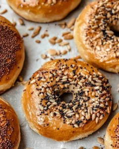 Freshly baked high protein bagels with everything seasoning on parchment paper