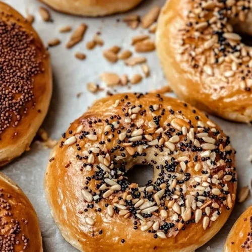 Freshly baked high protein bagels with everything seasoning on parchment paper