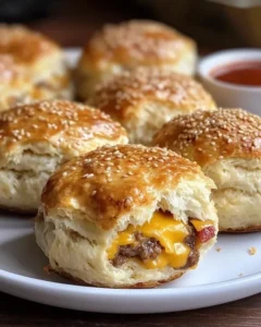 Bacon cheeseburger bombs on serving platter with dipping sauces