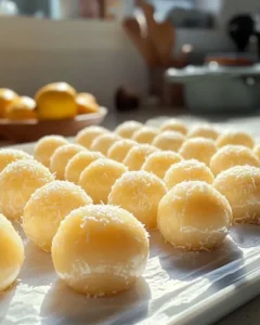 Lemon coconut protein power balls in a storage container