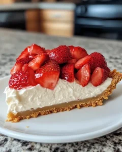 Whole strawberry cream cheese pie with decorative strawberry arrangement