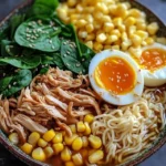 Various toppings for high protein ramen noodle bowl