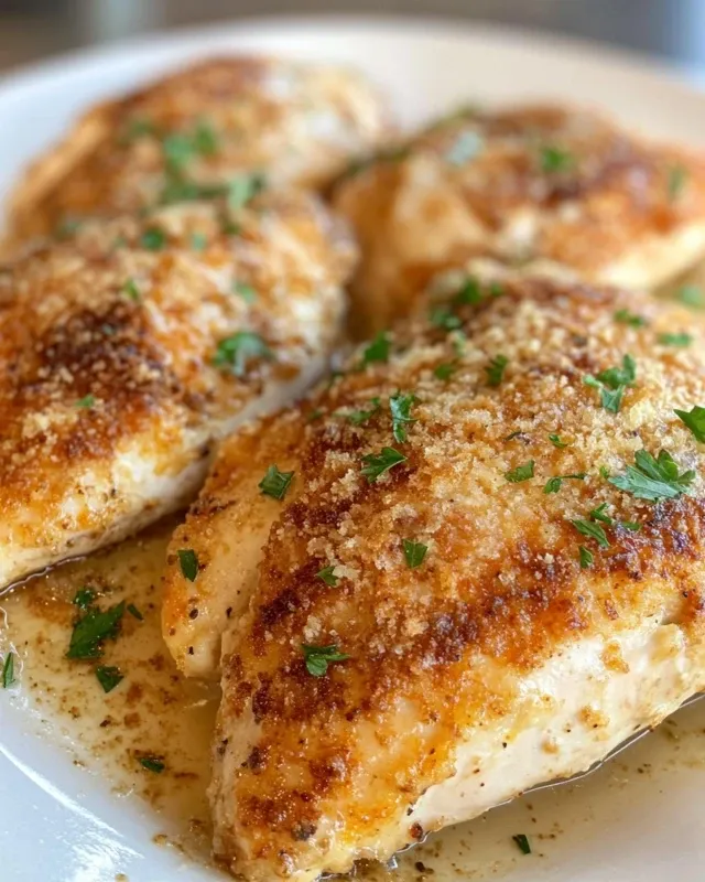 Parmesan crusted chicken served with roasted vegetables and lemon wedges