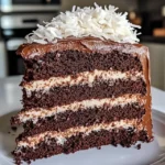 Sliced Mounds Cake showing layers of chocolate and coconut