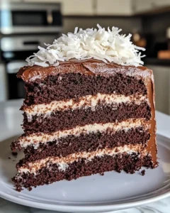 Sliced Mounds Cake showing layers of chocolate and coconut