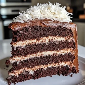 Sliced Mounds Cake showing layers of chocolate and coconut