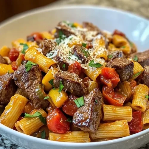 Cooking process of One-Pot Zesty Steak Pasta showing seared steak pieces