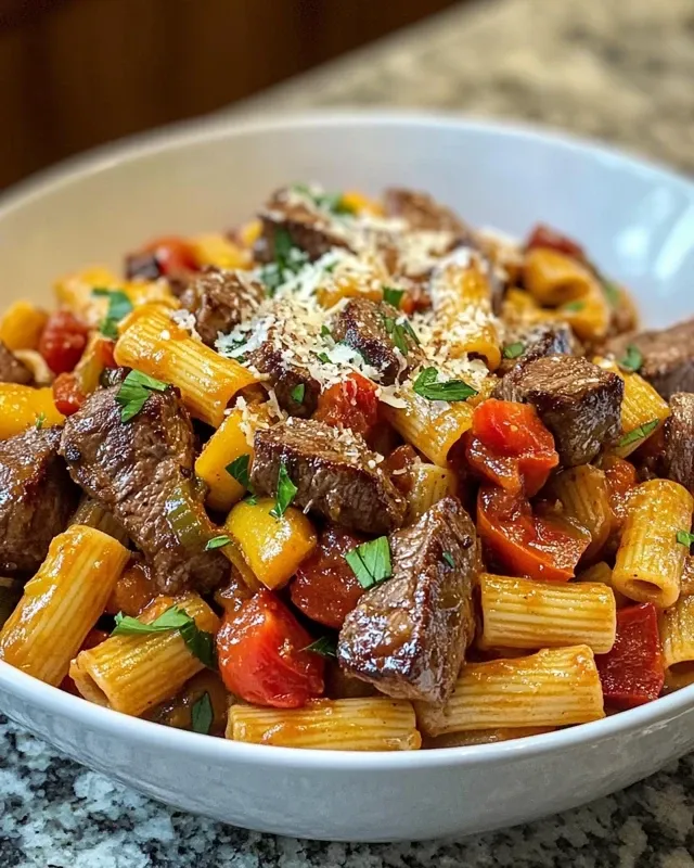 Cooking process of One-Pot Zesty Steak Pasta showing seared steak pieces