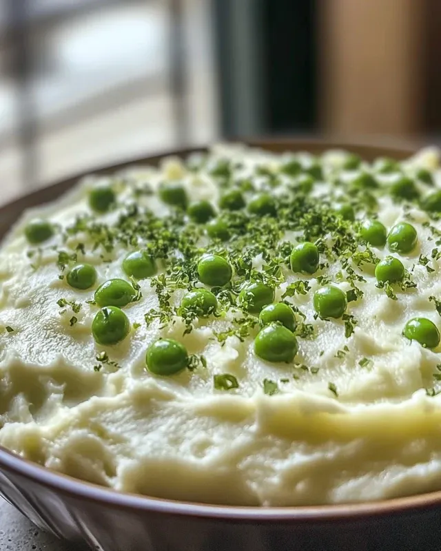 Served plate of creamed potatoes and peas alongside roasted chicken