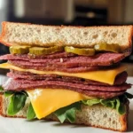 Fried bologna sandwich meal with potato chips and pickle spears
