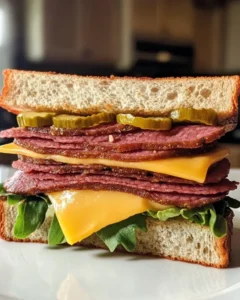 Fried bologna sandwich meal with potato chips and pickle spears