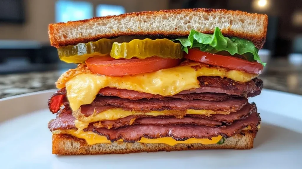 Fried bologna sandwich meal with potato chips and pickle spears