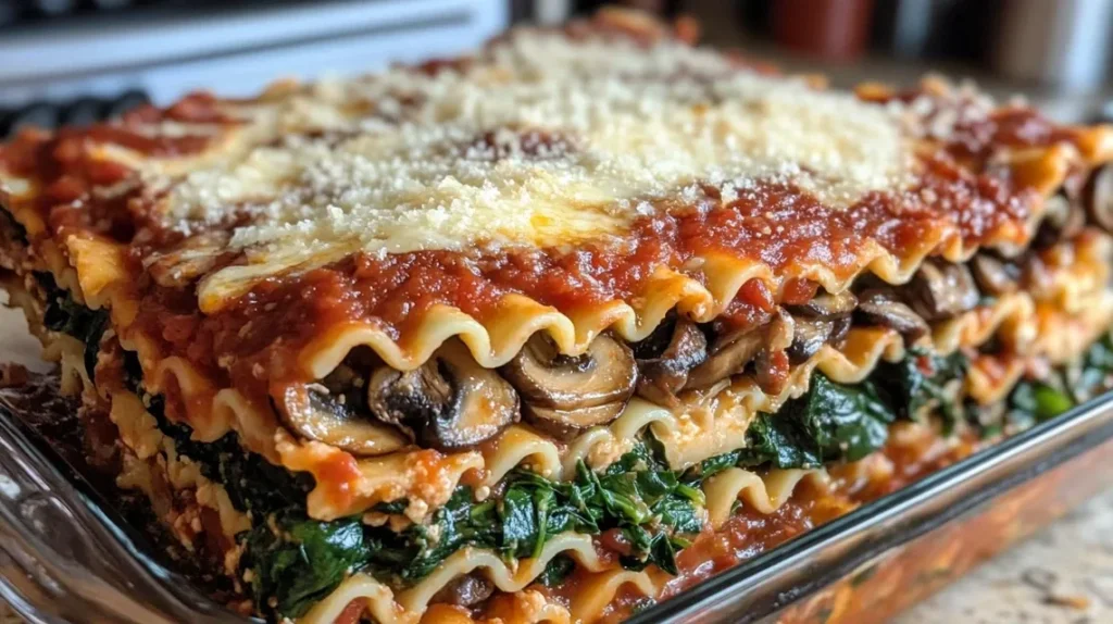 Process of layering chicken mushroom spinach lasagna in baking dish