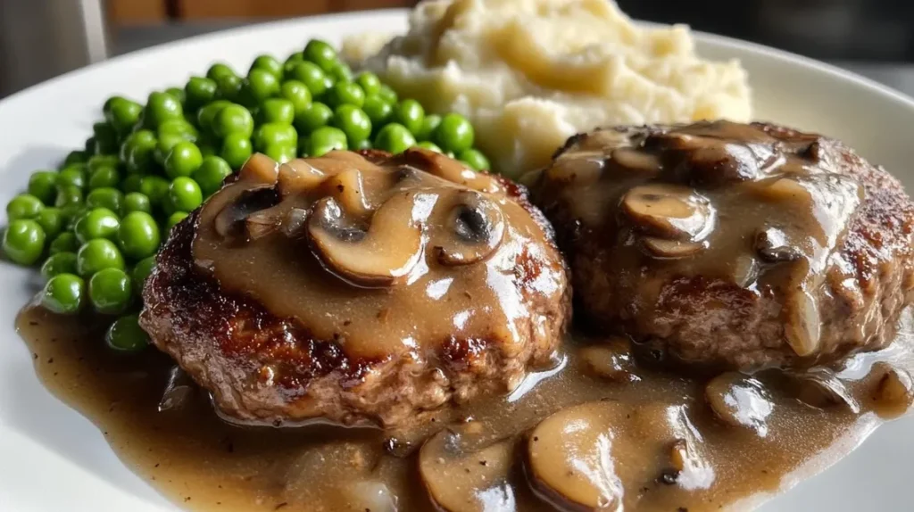 Simmering Salisbury steak in rich mushroom gravy in a skillet