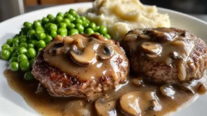 Simmering Salisbury steak in rich mushroom gravy in a skillet