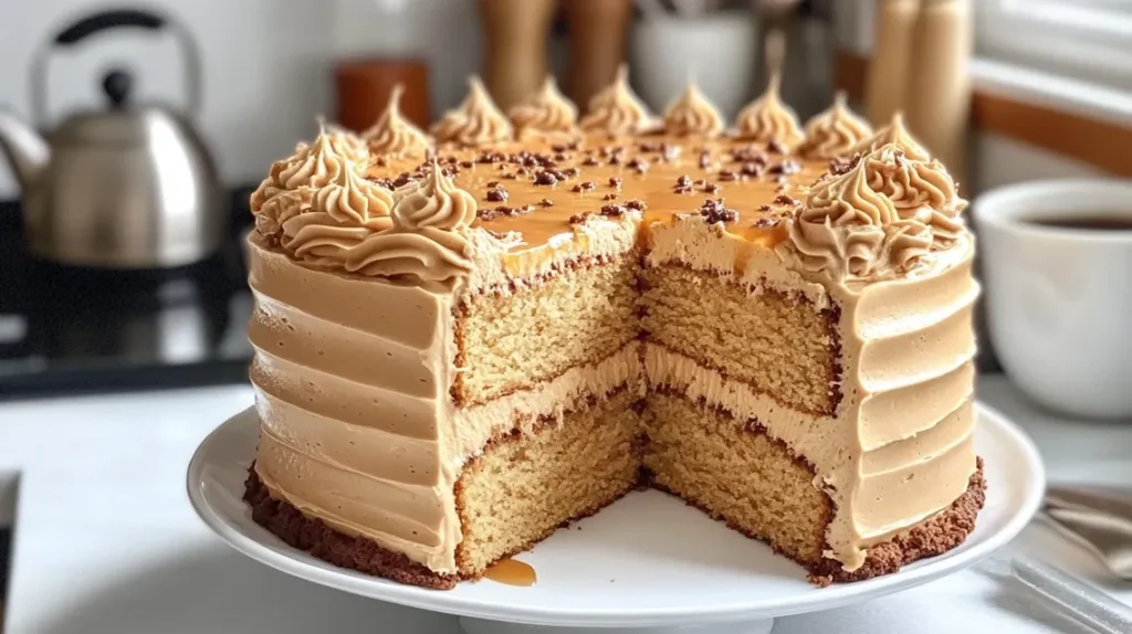 Process of making caramel coffee buttercream cake showing ingredients and mixing