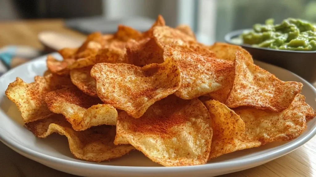 Cottage cheese chips served with fresh salsa and guacamole
