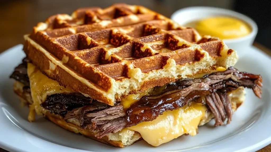 Completed bourbon-maple brisket waffle sandwich on plate with sides