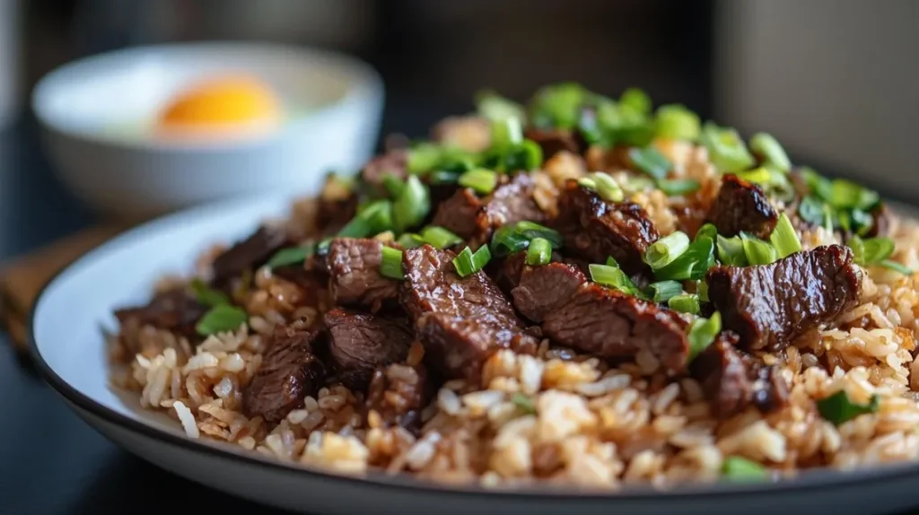 Serving bowl of onion beef fried rice with green onion garnish