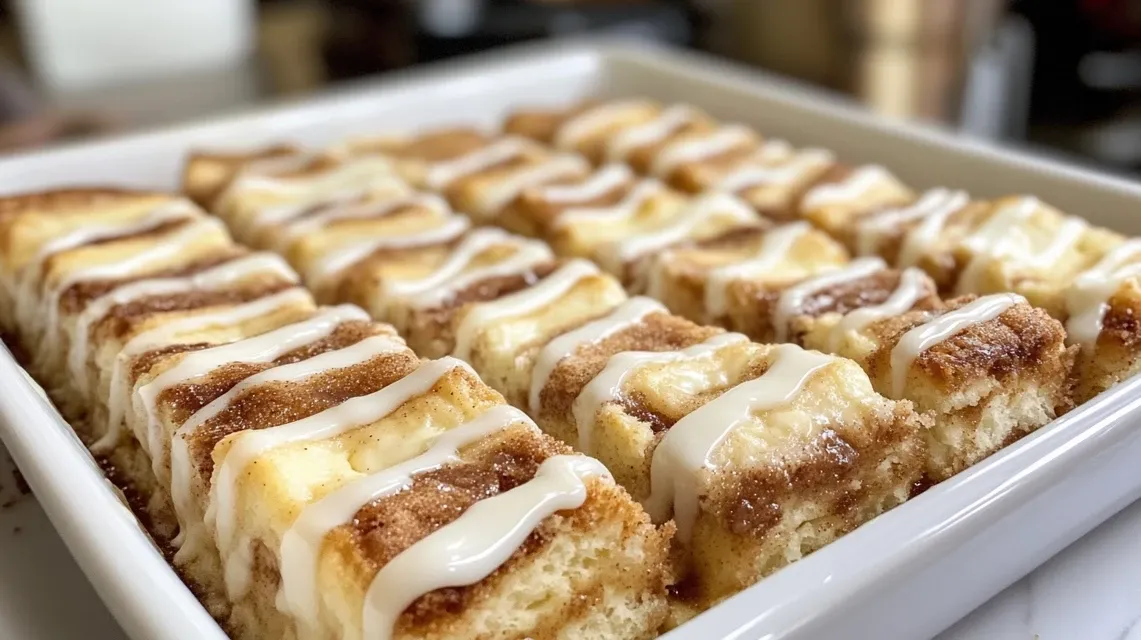 Freshly baked cinnamon roll cheesecake bars with drizzled icing