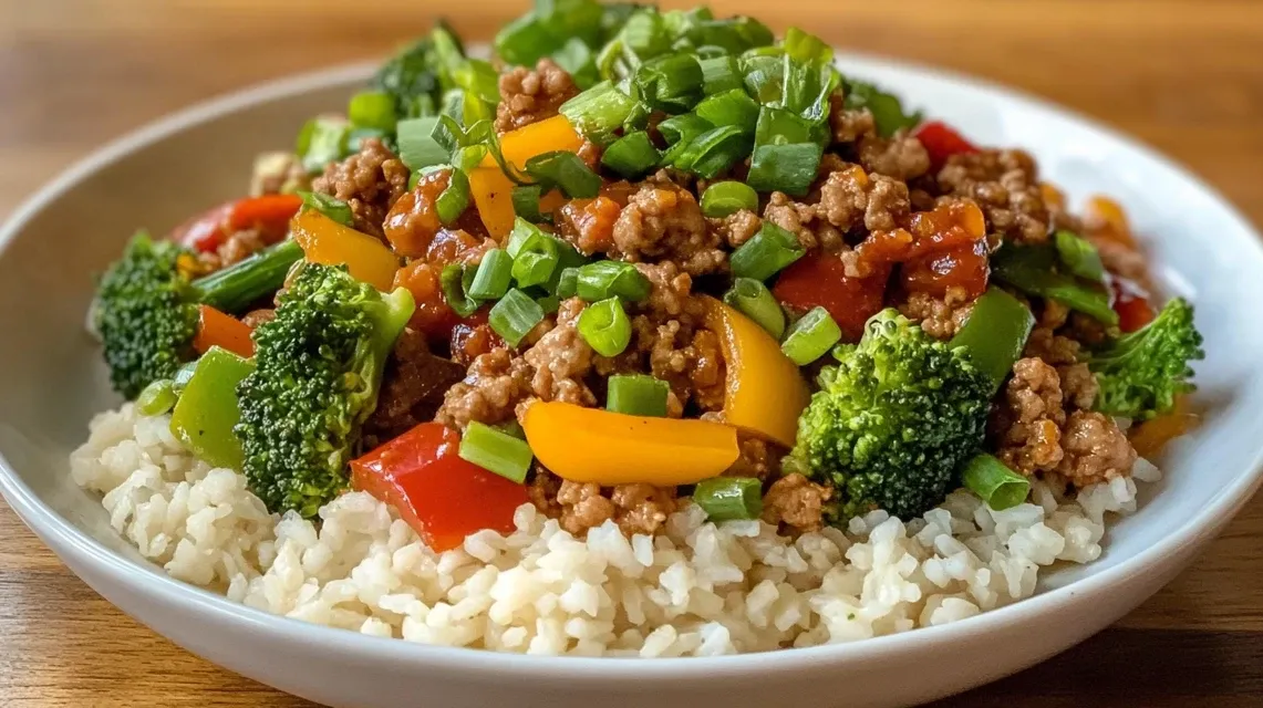 Completed high protein ground turkey stir-fry served over brown rice