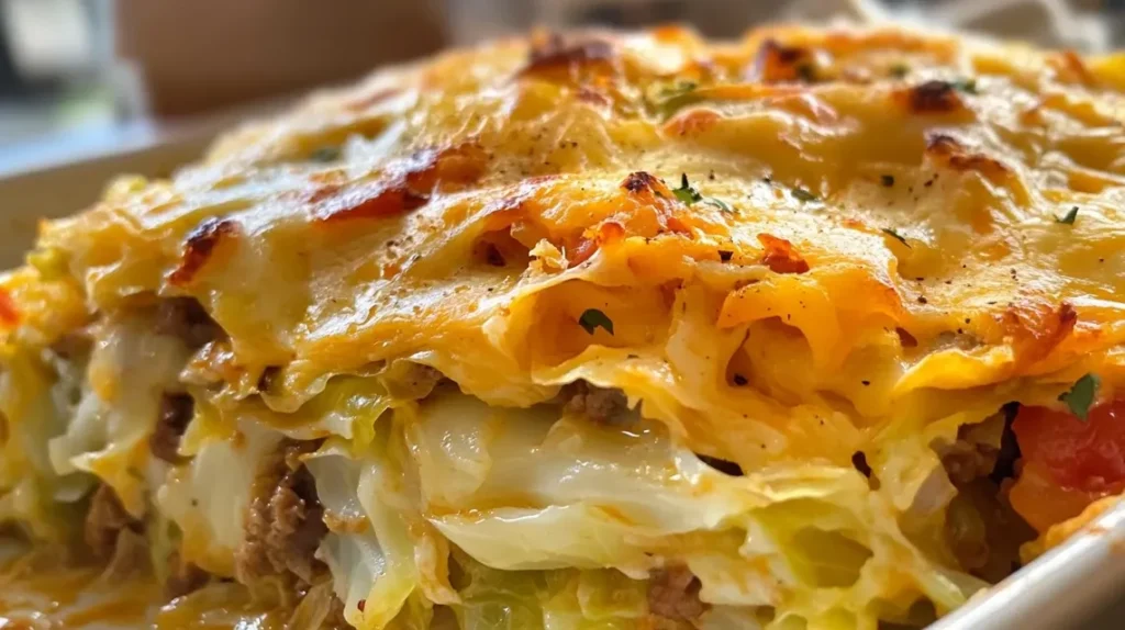 Plated Cheesy Cabbage Beef Casserole with crusty bread