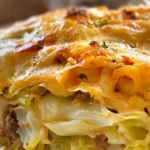 Plated Cheesy Cabbage Beef Casserole with crusty bread
