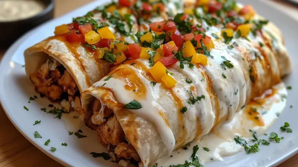Golden brown chicken bell pepper ranch burritos cut in half showing filling