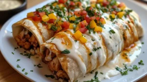 Golden brown chicken bell pepper ranch burritos cut in half showing filling