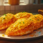 Complete dinner plate with crispy cheddar chicken, mashed potatoes and vegetables