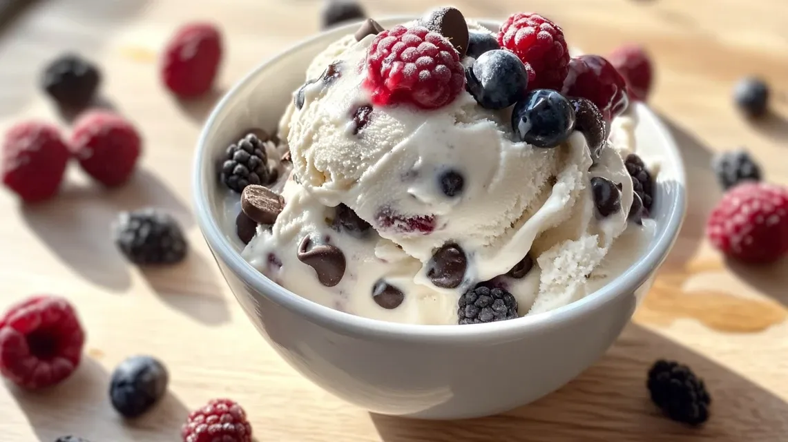 High protein ice cream sundae with berries and nuts