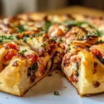 Step-by-step demonstration of rolling the pizza dough with layers of cheese and toppings into a tight log shape