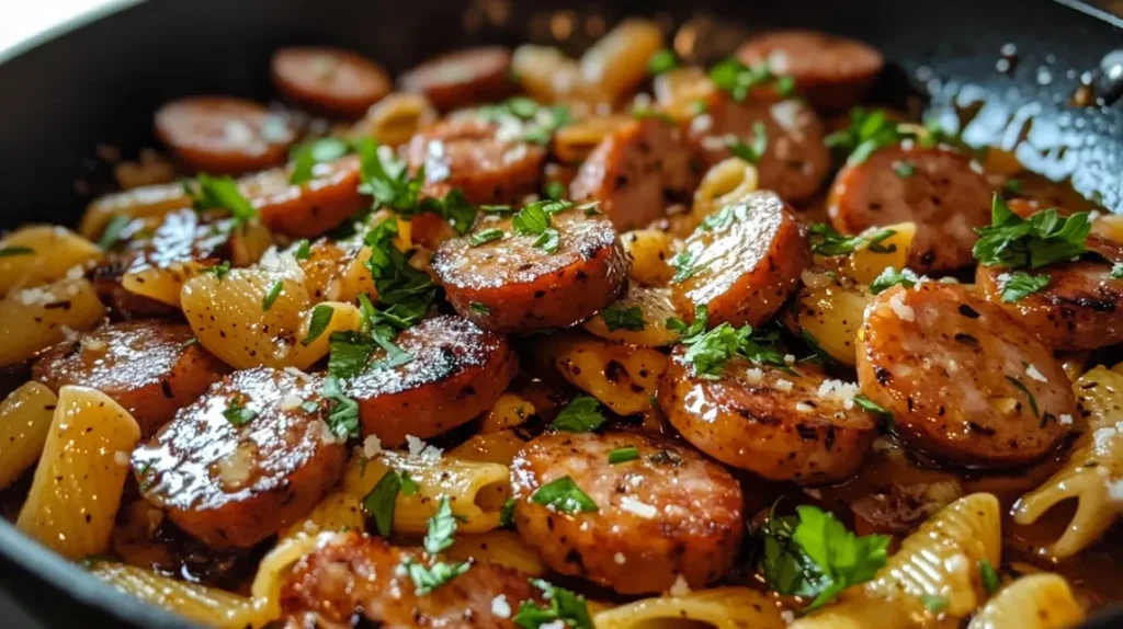 Honey garlic sauce bubbling in skillet with sausage pieces