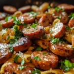 Honey garlic sauce bubbling in skillet with sausage pieces
