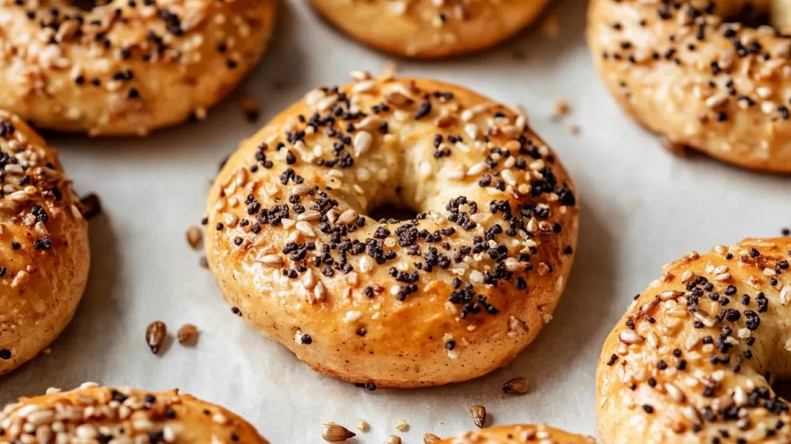 Freshly baked high protein bagels with everything seasoning on parchment paper