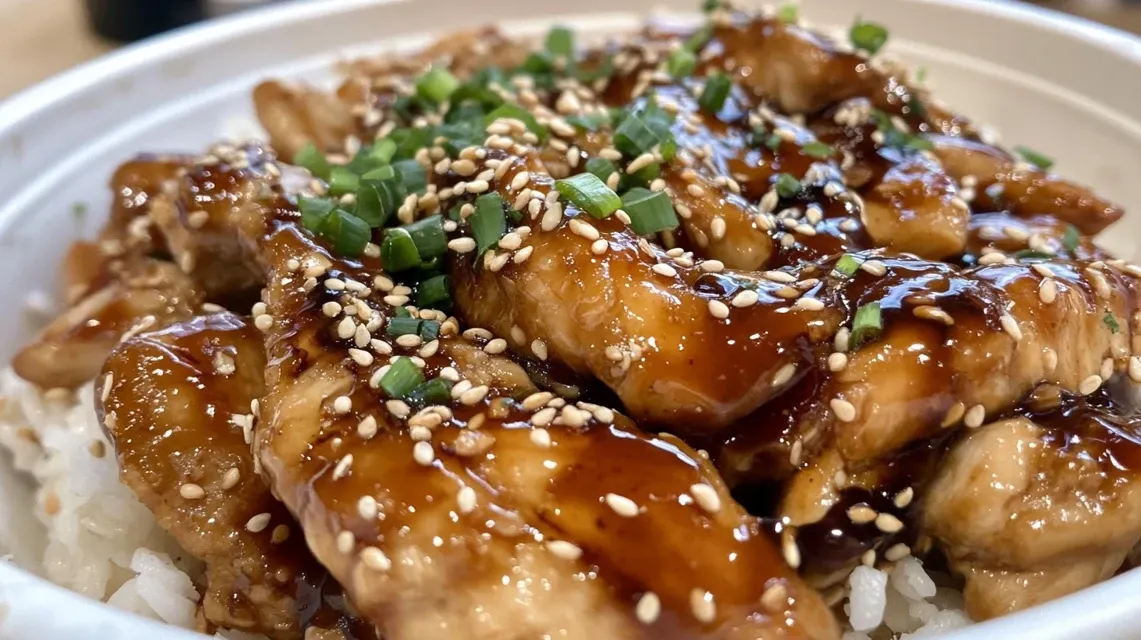 Complete Panda Express inspired meal with teriyaki chicken, chow mein and broccoli