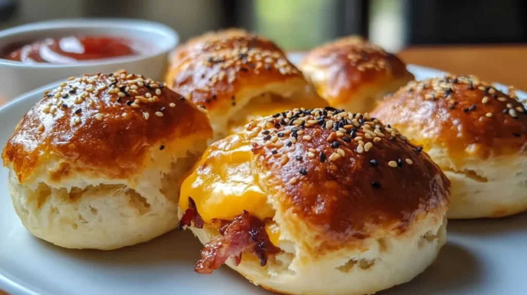Bacon cheeseburger bombs on serving platter with dipping sauces