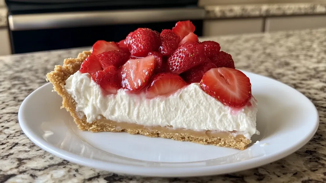 Whole strawberry cream cheese pie with decorative strawberry arrangement