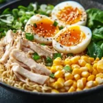 Various toppings for high protein ramen noodle bowl