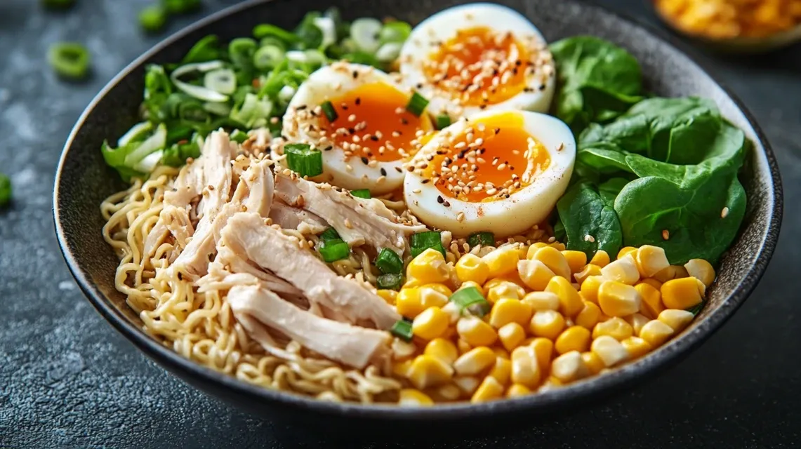 Various toppings for high protein ramen noodle bowl