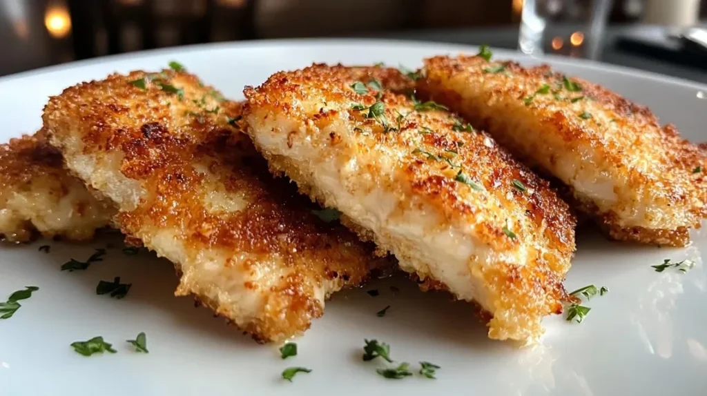 Parmesan crusted chicken served with roasted vegetables and lemon wedges