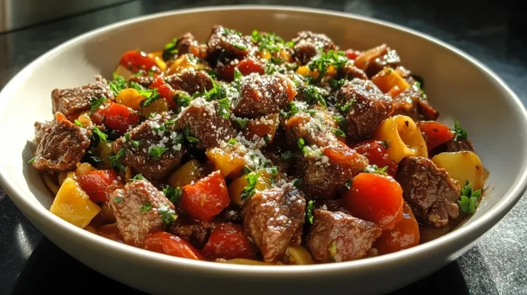 Serving a plate of One-Pot Zesty Steak Pasta with grated parmesan