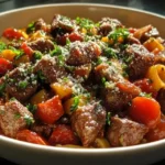 Serving a plate of One-Pot Zesty Steak Pasta with grated parmesan