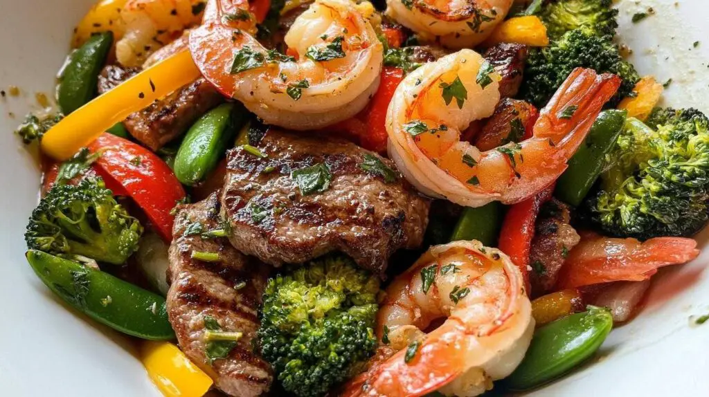High Protein Lemon Herb Steak and Shrimp Stir Fry