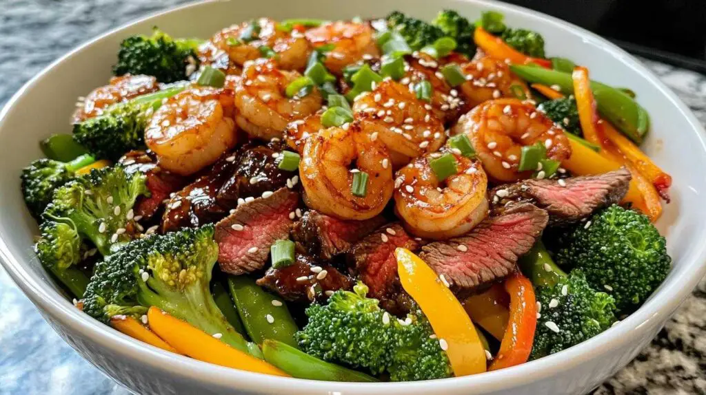 High Protein Steak and Shrimp Stir Fry with Teriyaki Glaze