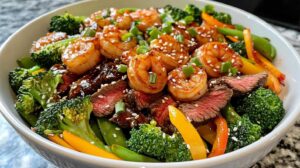 High Protein Steak and Shrimp Stir Fry with Teriyaki Glaze
