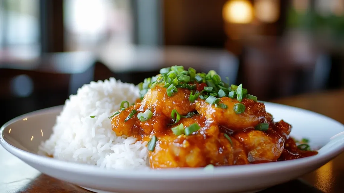 Homemade orange chicken with orange marmalade in a black bowl